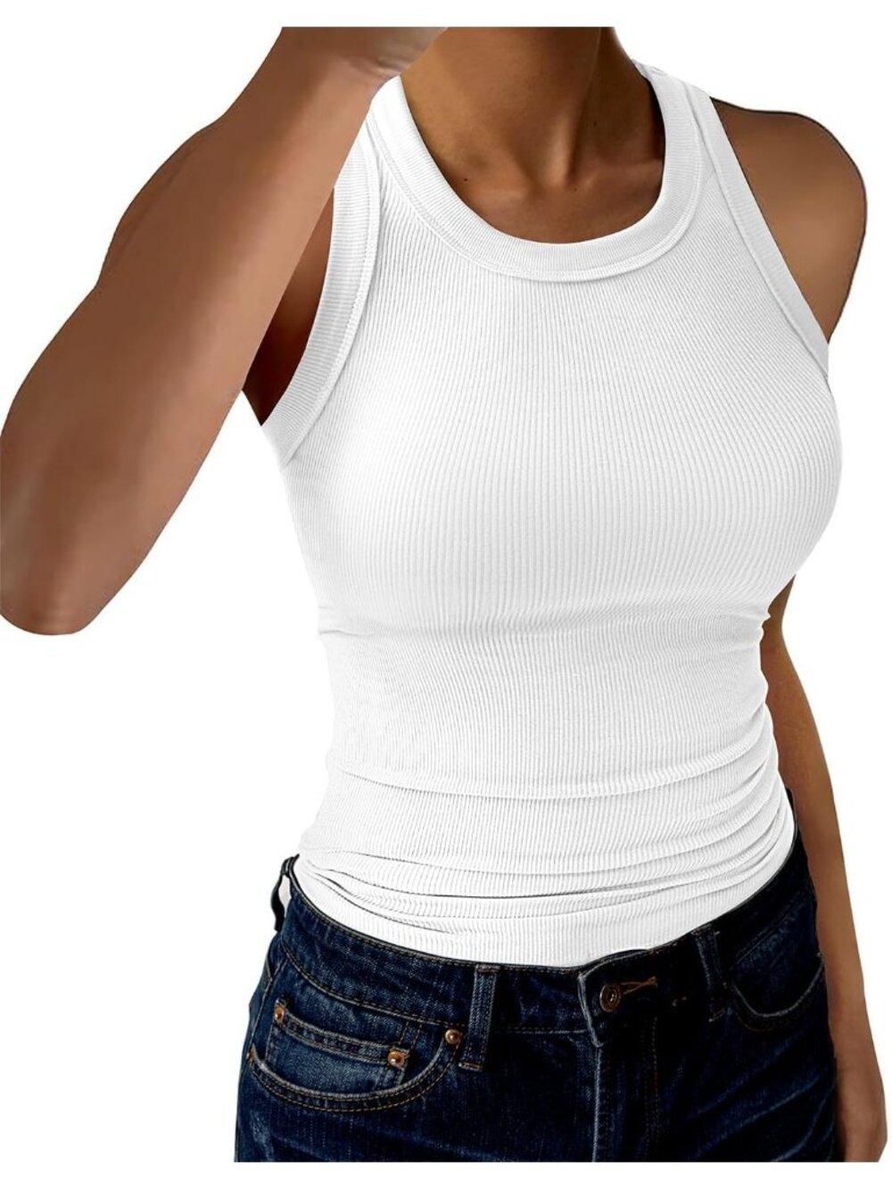 Women's Solid White Tank Tops High Neck Sleeveless Strap Slim Fitted Shirts